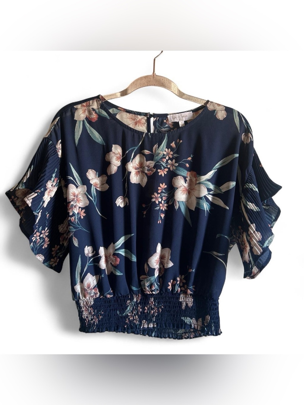 Floral Navy Smocked-Hem Blouse - Juniors Tops size medium